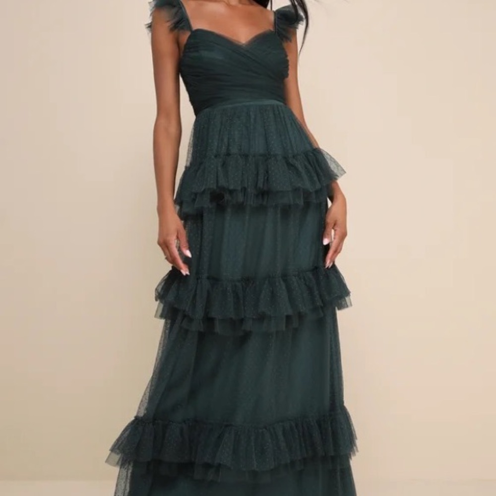 Pure Radiance Emerald Green Mesh Swiss Dot Tiered Maxi Dress